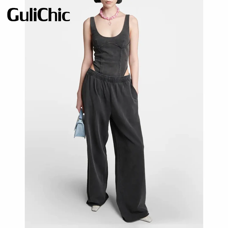 

4.11GuliChic Fashion Scoop Neck Washed Slim Suspender Bodysuit Tank Top Or Elastic Waist Back Letter Print Sweatpants Set Women