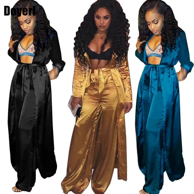 

Satin Two Piece Set Women Fashion Long Kimono Cardigan Trench Coat and Wide Leg Pants Set Ladies Trousers Suits 2 Piece Outfits