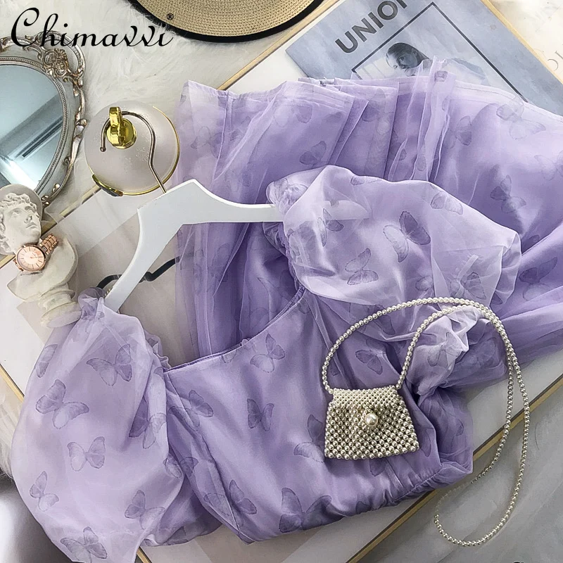 

French Fashion Square Collar Butterfly Puff Sleeve Sweet Dress Women 2022 Summer Elegant Mesh Super Fairy Princess Puff Dresses