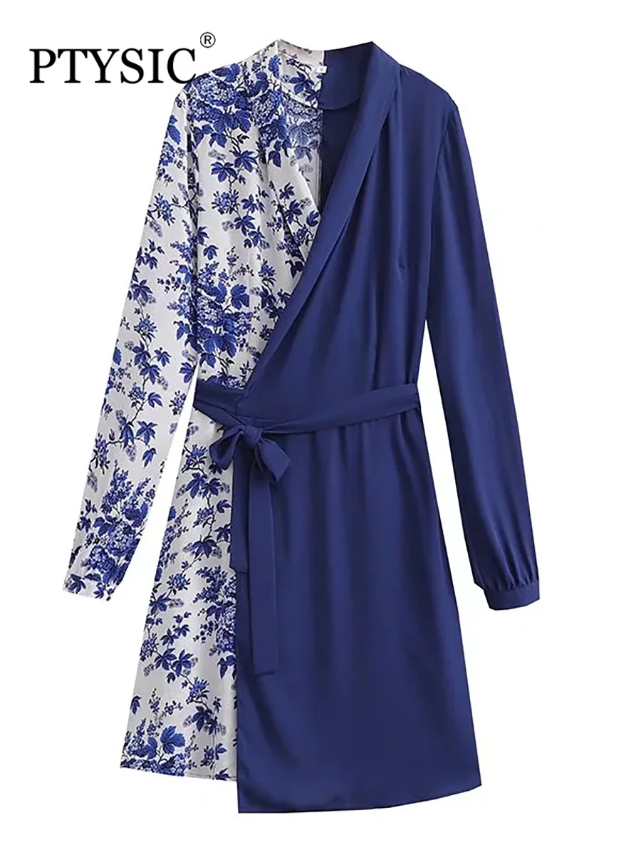 

PTYSIC Women Chic With Patchwork Print Asymmetrical Mini Dress 2022 Summer Full Sleeves Waist With Bow Tied Vintage Vestidos