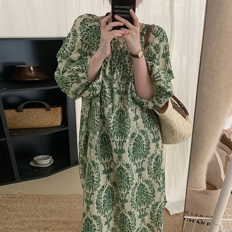 Женское платье с круглым вырезом Длинное свободное рукавами-фонариками и