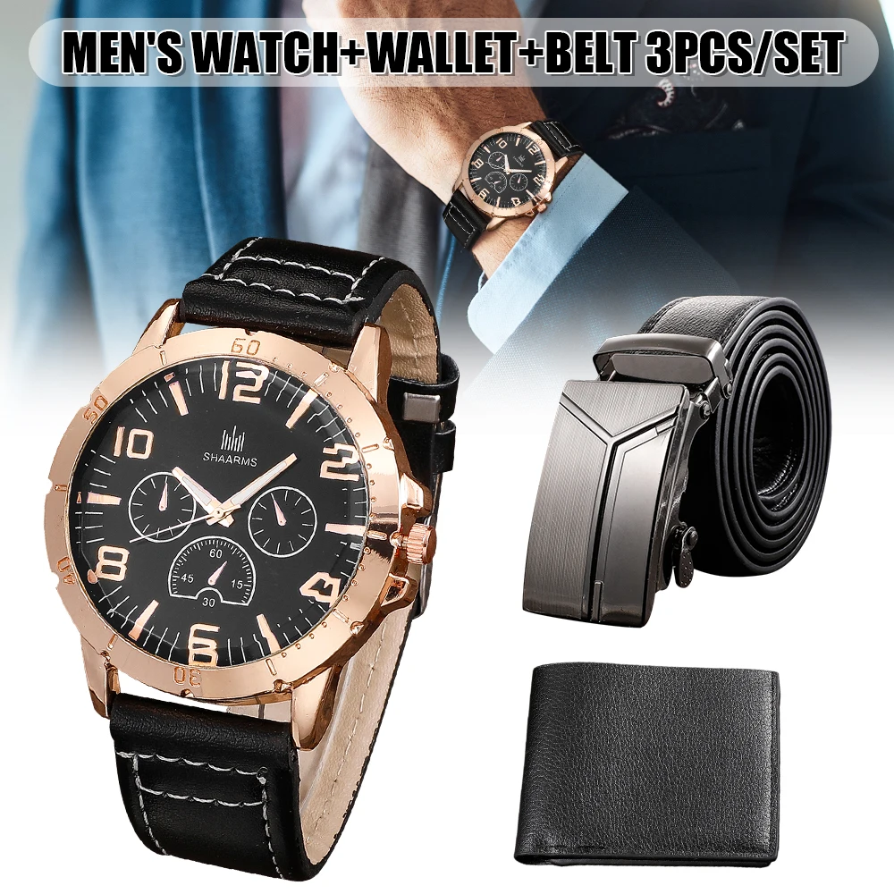 Men's Watch+Wallet+Belt Set Male's Gift for Father's Day Birthday Gift 3pcs/set Good-looking for Dad Boyfriend PU Strap EIG88