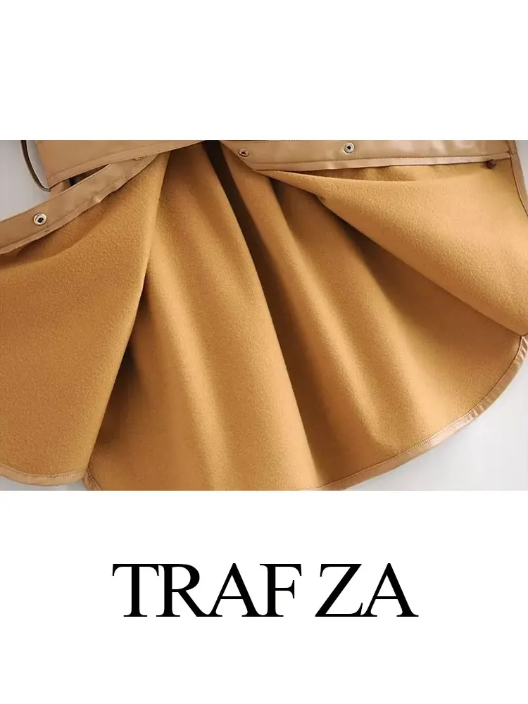 TRAF ZA Autumn Women's Pu Faux Leather Jacket Solid Vintage Button Belt Slim Coat Casual Fashion Female Fleece Warm Outerwear