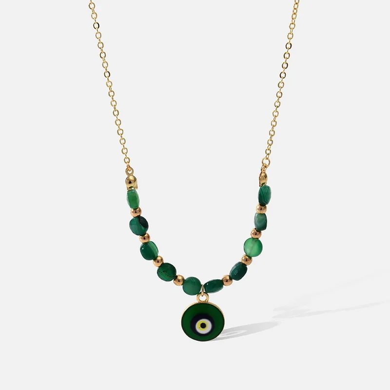 

Green Enamel Evil Eye Pendant Choker Necklace for Women Gold Color Chain Round Beads Fashion Lucky Jewelry Party Female Gift