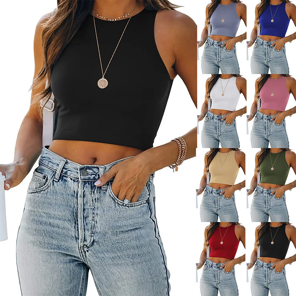 

2022 Summer Fashion New Women's Clothing Sleeveless Round Neck I-shaped Short Solid Color Vest Casual All-match Sexy T-shirt Lad