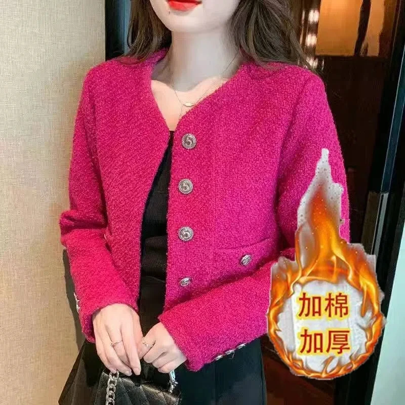 

Elegant O Neck Rose Red Tweed Suit Jacket Women Fashion Long Sleeve Short Blazer Vintage Luxury Design Chaquetas De Mujer