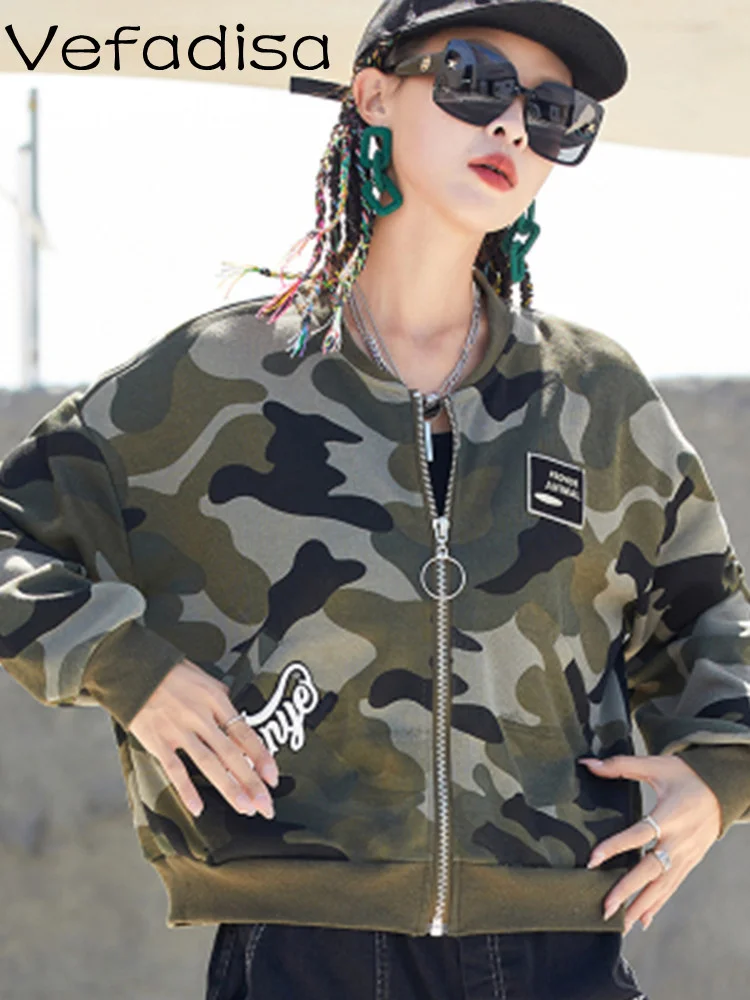 

Vefadisa 2023 Autumn Cool Long Sleeve Short Coat Trend Camouflage Printted Loose Casual Baseball Jacket For Women Coat LWL124