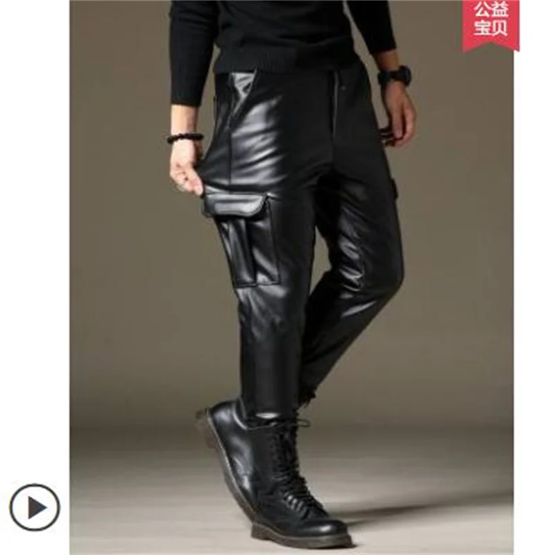 Plus velvet thick leather pants mens feet pants fashion loosemotorcycle pu trousers for men personality pantalon homme black