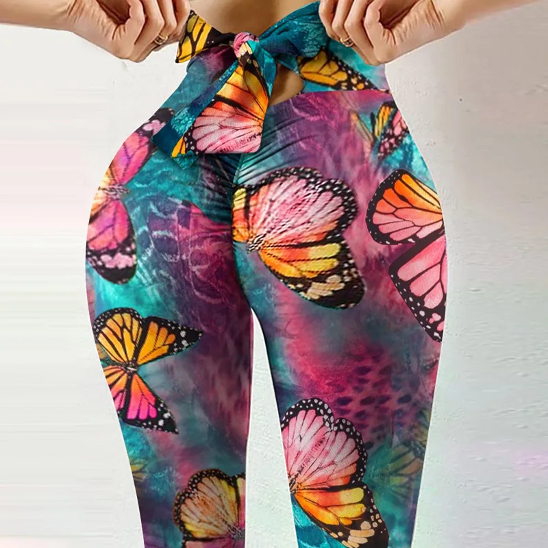 New Fitness High Elastic Sweat-absorbing Digital Printing Bow Rope Pants Tights High Waist Slim Yoga Pants Women Gym Leggings