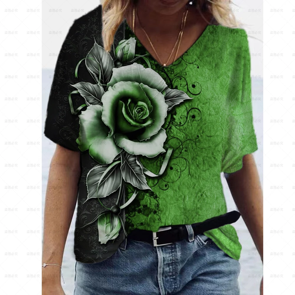 

Повседневная модная женская футболка на каждый день, летняя индивидуальная модная повседневная футболка с цветочным принтом и V-образным вырезом, обычные футболки с короткими рукавами
