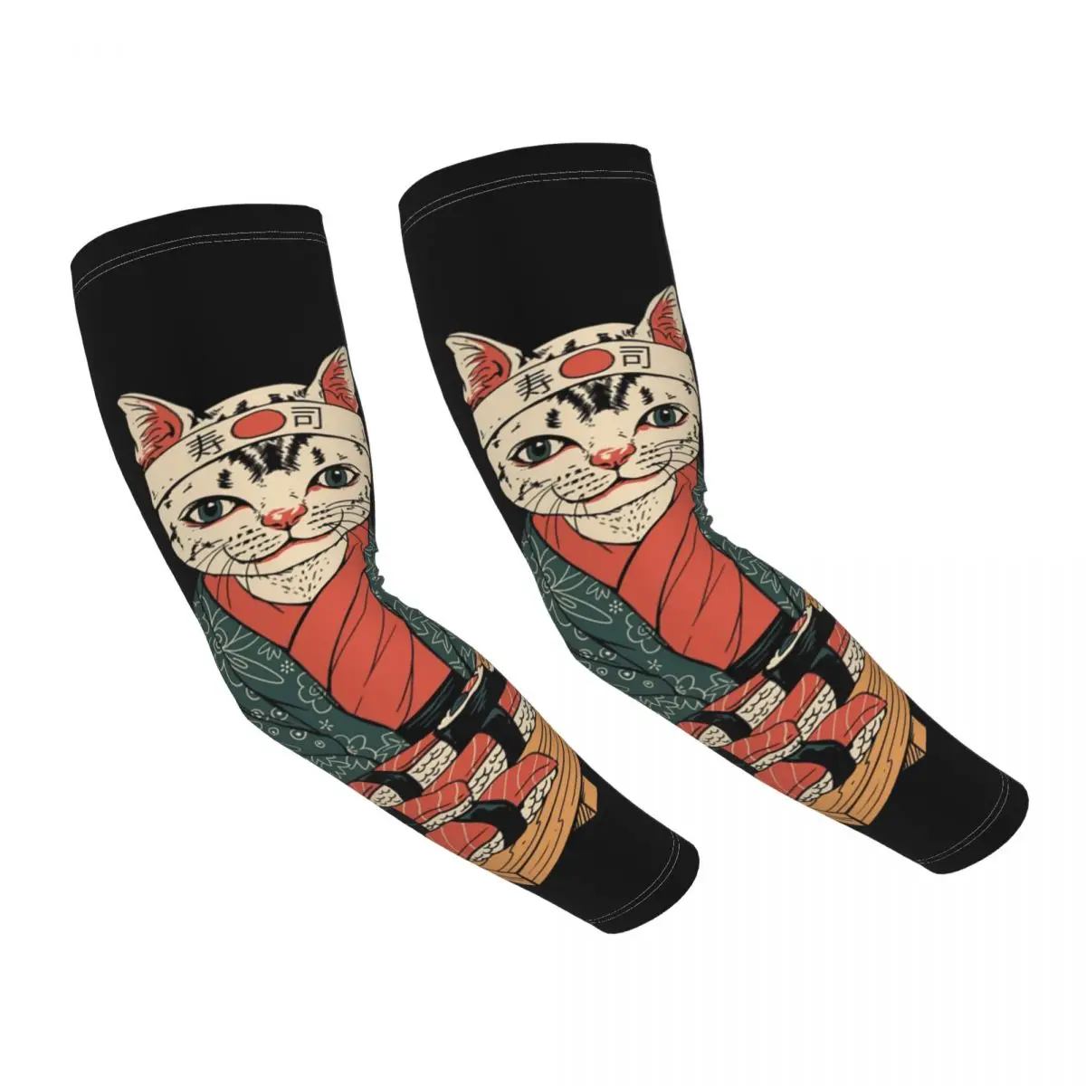 

Cooling Japanese Food Arm Sleeves Men Women Neko Sushi Bar Athletic Sports Tattoo Cover Up for Golf