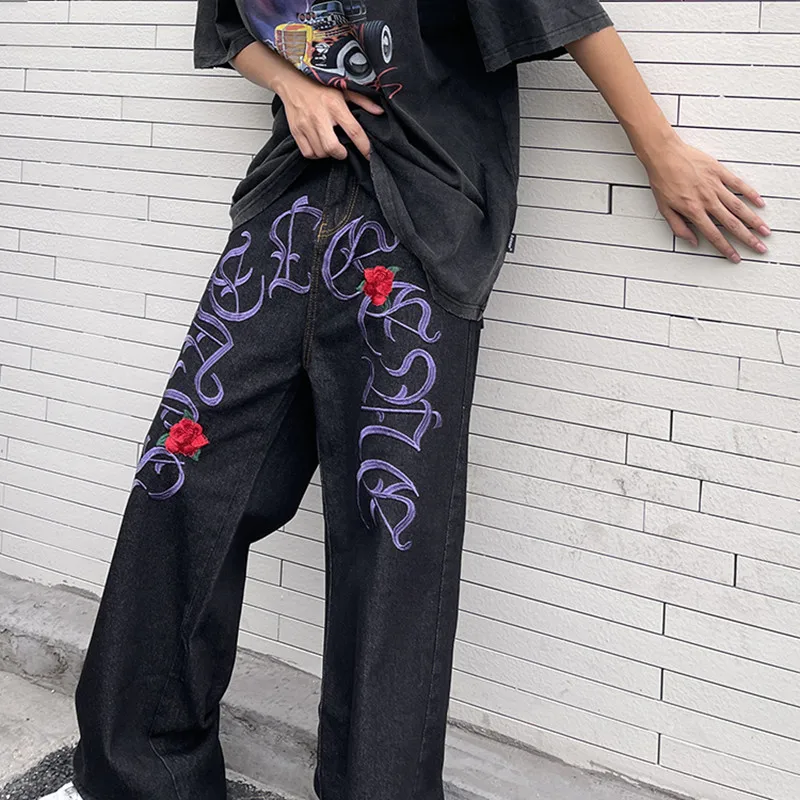 2022 New Fashion Rose Embroidery Black Baggy Jeans For Men Y2K Pants Straight Hip Hop Harajuku Denim Trousers Pantalones Hombre