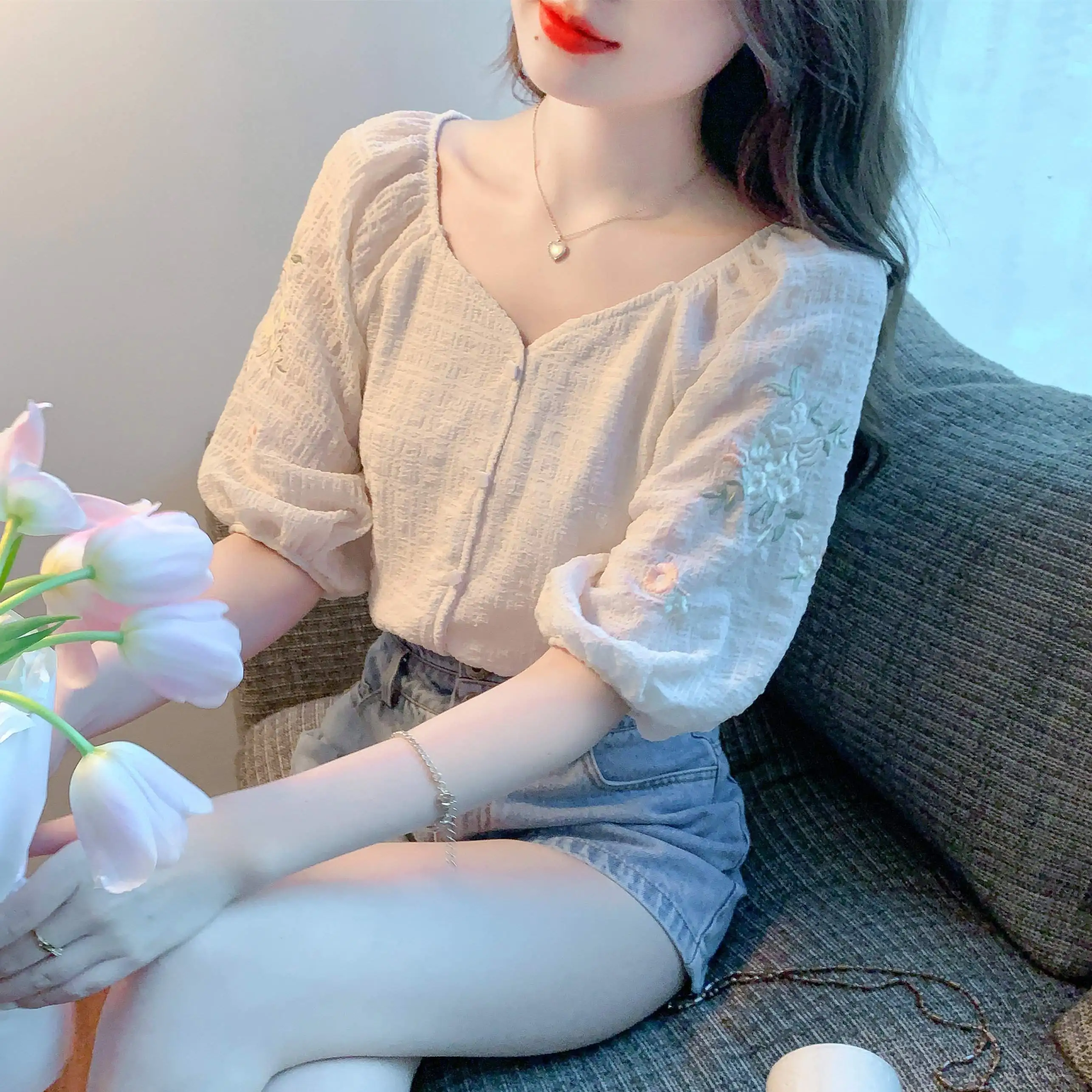 

COIGARSAM Shirt Womens Tops Summer 2022 New Lace Embroidery Chiffon Puff Sleeve V-Neck Women Shirts Dropshipping