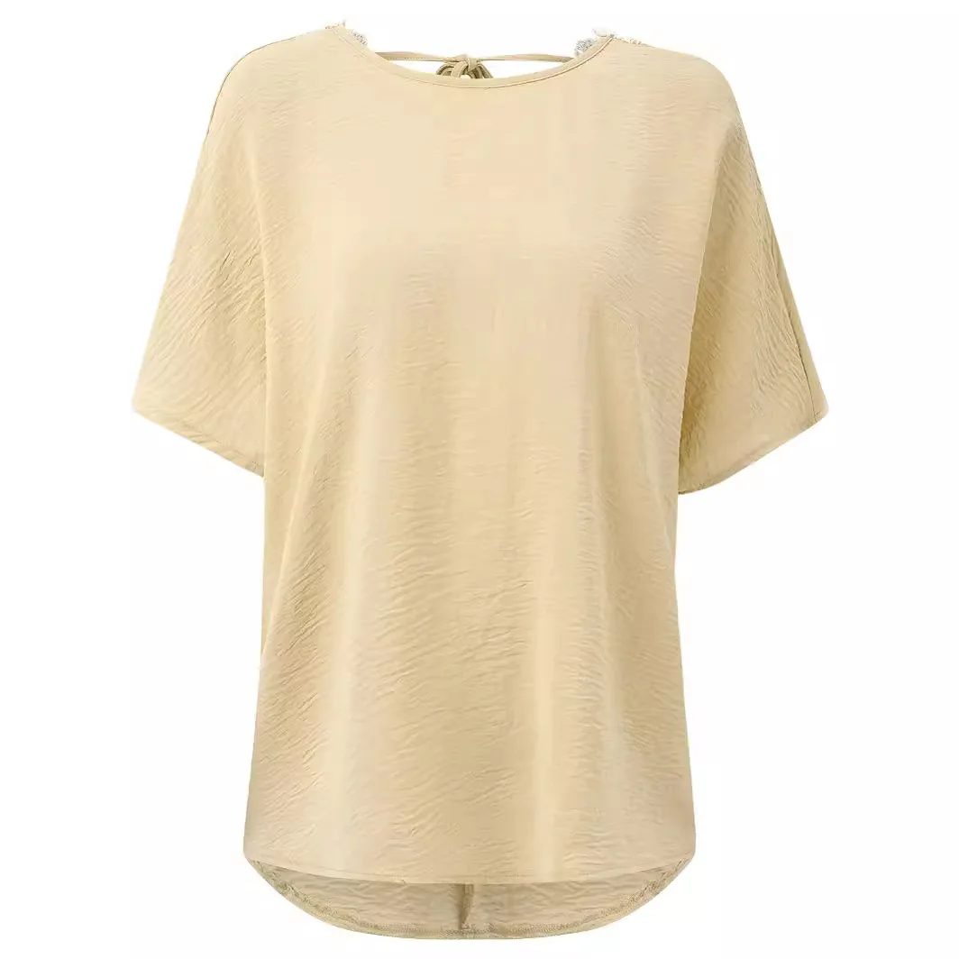 Женская Свободная блузка с круглым вырезом однотонная кружевная коротким