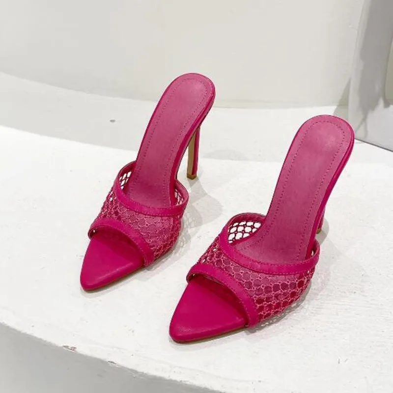 

New Sexy Pointed Head Peep Toe High Heel Mesh Slippers Summer Fashion Slip On Thin Heels Slides Women Mules Party Sandales