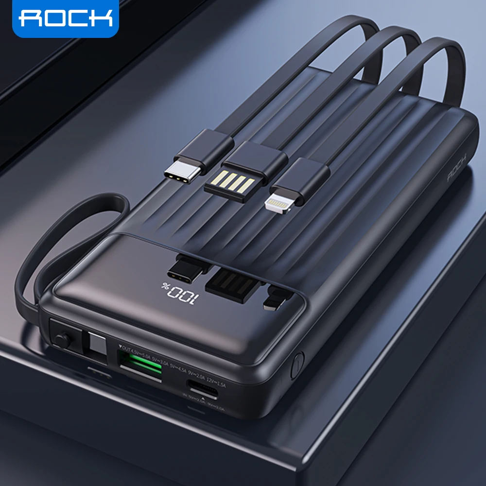 ROCK 4 in 1 Power Bank 20000mAh Built Cable Powerbank Portable Fast Charging Type C PD Poverbank External Battery Charger |