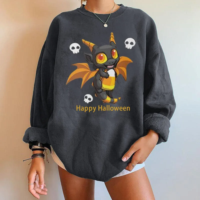 

Halloween Dinosaur Sweatshirts Women Festive Clothing O-Neck Loose Casual Plush Pullovers Autumn Winter Chic Warm Tops Outwears