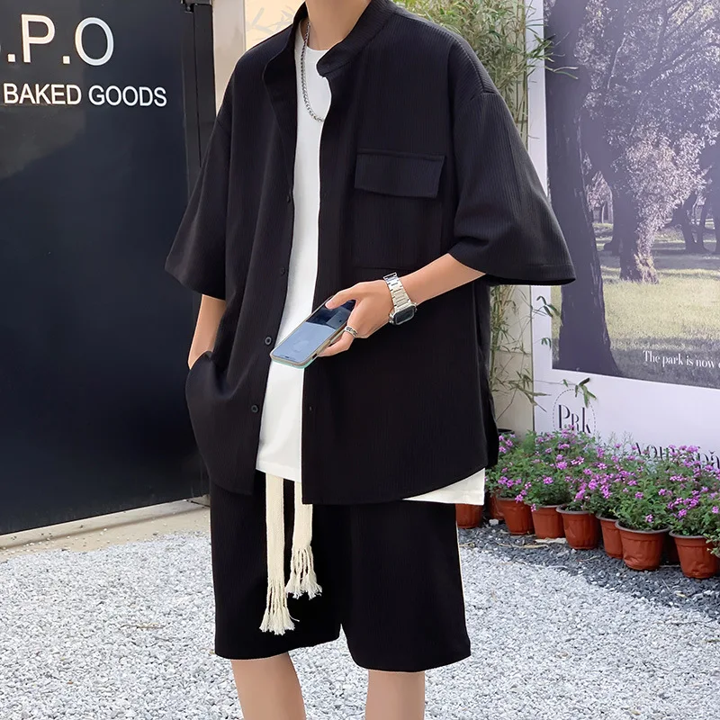 Men Clothing 2023 Summer Loose Casual Ice Silky Drape Men's Sets Simple All Match Single Breasted Shirt + Shorts High Quality