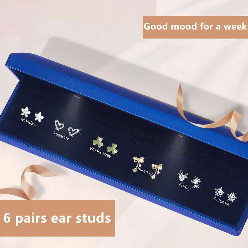 

S925 Silver Stud Earrings 6Pairs Set Premium Stud Earrings Gift Box Fashion Clover Star Moon Swan Stud Earrings Women Jewelry