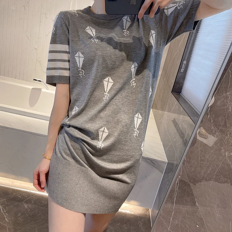 

Spring and Summer New Product TB Four Bars Versatile Slim College Style Kite Jacquard Age-reducing Temperament Wool Dress Women