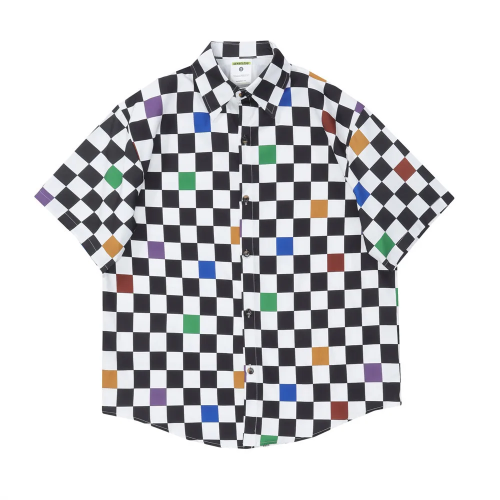 

Panelled Plaid Shirt Short Sleeved Mens Tshirt Street Fashion Brand Loose Lapel Shirt Summer Cardigan Five Point Sleeves
