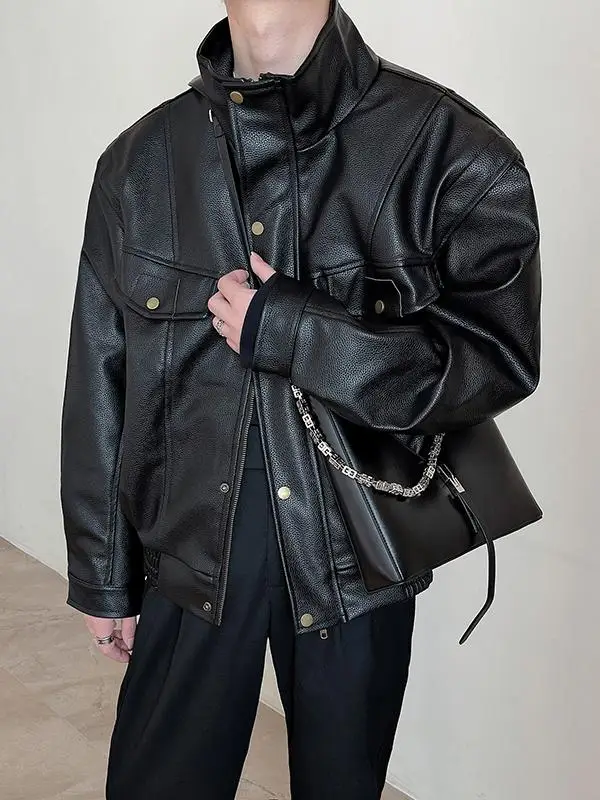 Кожаная куртка с американским воротником-стойкой мужская весенне-осенняя