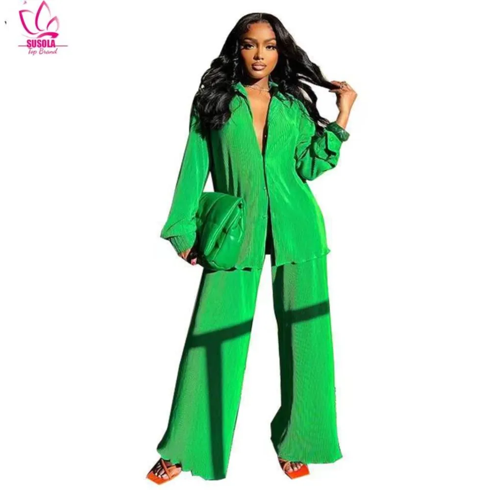 

SUSOLA Sexy Solid Suit Two Pieces Outfits Office Lady Long Sleeve Lapel Jacket Coat Suits Women Casual Wide Leg Trousers Set