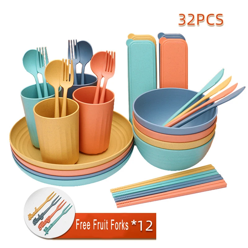 

32 Pieces Serve for 4 Wheat Straw Tableware Set Including Plates Bowls Cups and Table Knife Fork Spoon Kit Free Fruit Forks