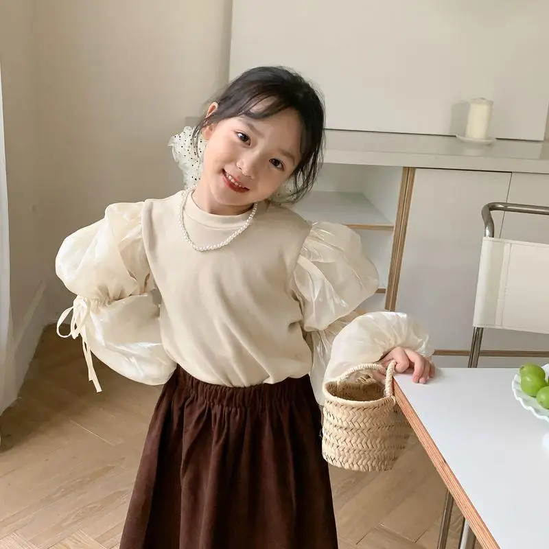 

RiniKinda 2022 Autumn Winter New Girls' Suit Sweet Solid Puff Sleeve Tops and Long Skirt Two-piece Set 1-7 Years Old