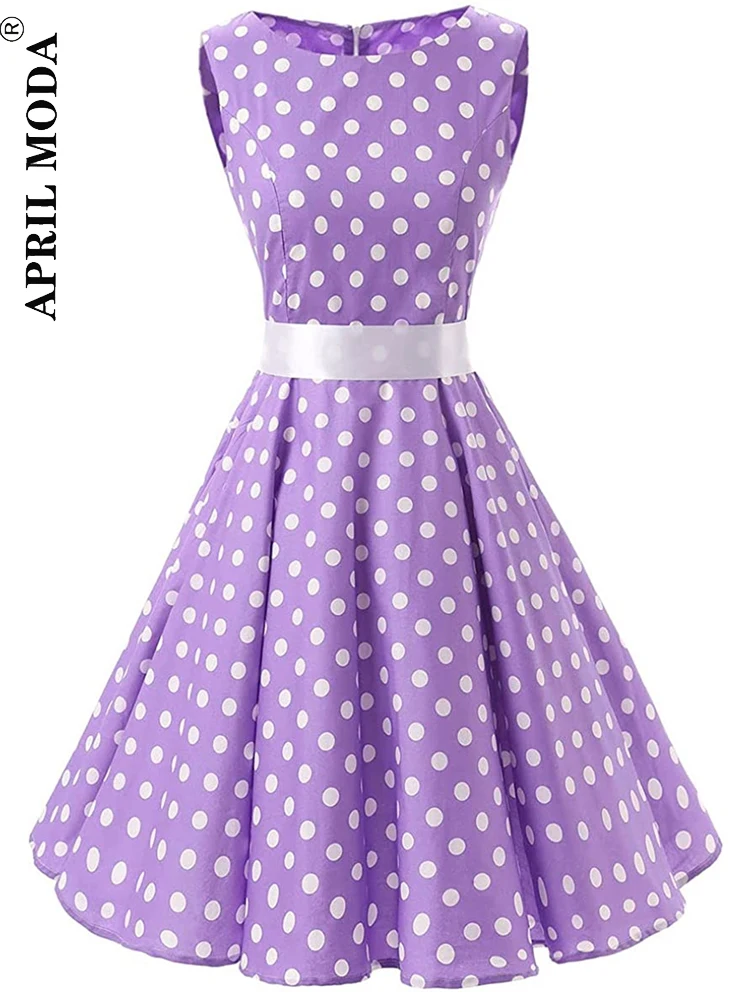 

Big Swing Office Lady Midi Pleated Dresses Summer Elegant Women O-Neck Polka Dot Print Sleeveless Sashes A-line Party Dresses