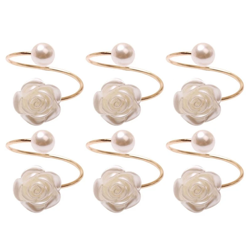 

6Pcs Wedding Rose Flower Napkin Buckle Pearl Metallic Napkin Rings Wedding Valentines Day Dinner Party Table Decor