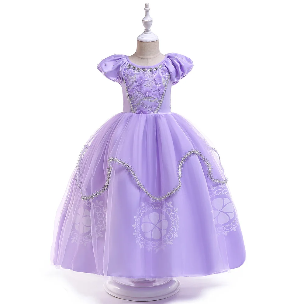 

Princess Dress Sophia Summer Flower Girl Dresses Puff Sleeve Pearls Purple Girl Cothes Cosplay Birthday Party Kids Clothes 2022