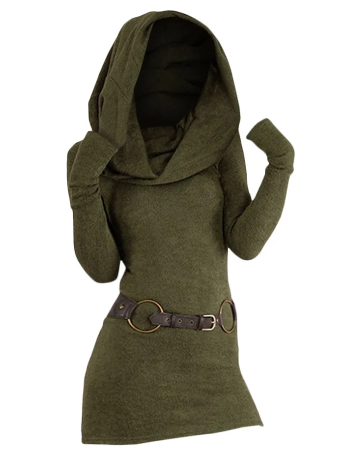 

Daily Fashion Slim Hooded Cowl Neck Long Knit Top Thumb Hole Full Sleeve Belted Long Knitted Tees for Women