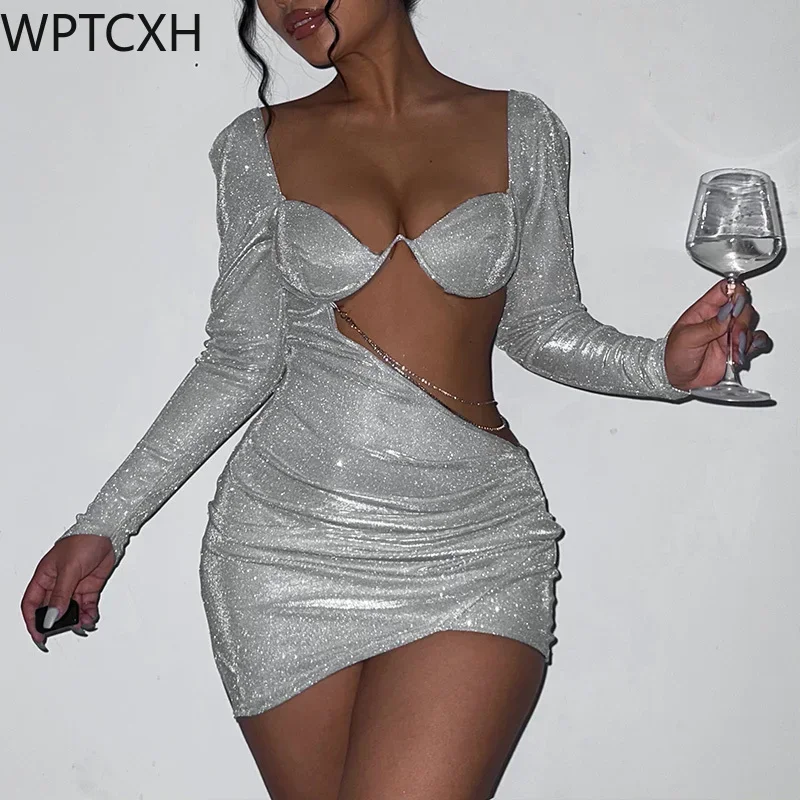 

2024 new design sense party dress Long sleeve hollowed out diamond sexy buttock skirt with European American style slim fit