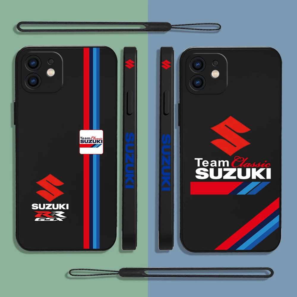 

Motorcycle Racing Suzuki Logo Phone Case For iPhone 14 13 12 11 Pro Max Mini X XR XS MAX Plus Silicone Cases with Hand Strap