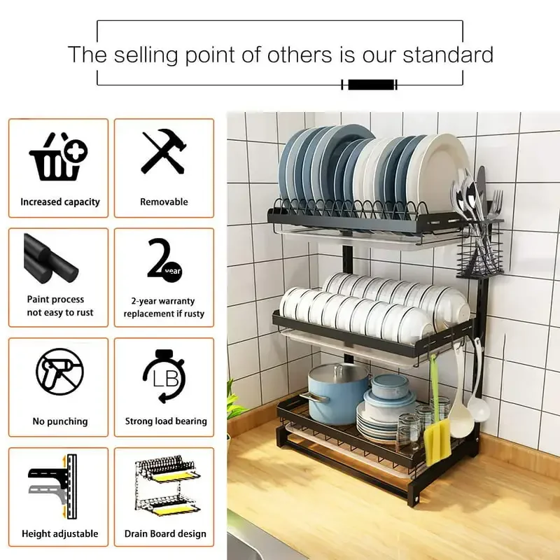 

Dish Drying Rack Stainless Steel Dish Drainer with Drainboard Utensil Holder for Plates Bowls Cups for Kitchen Countertop, Detac