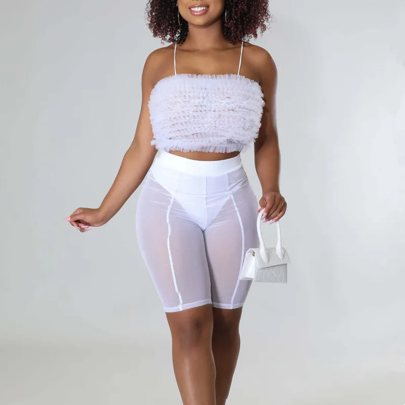 

Mesh See Through Two Piece Set Women Solid Wave Ruffles Crop Tank Top and Shorts Matching Summer 2022 Sexy Club Outfits