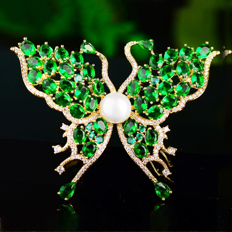

Женская Брошь с искусственным жемчугом, элегантная зеленая брошь с кубическим цирконием, аксессуар для одежды