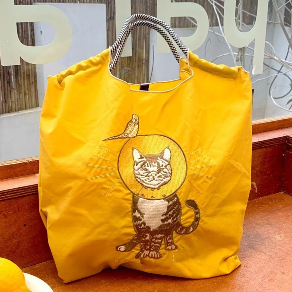 Cute Cat Embroidery Women Shoulder Bag Designer Brands Eco Bags for Women Handbags Rope Handle Drawstring Bag Large Shopper Tote