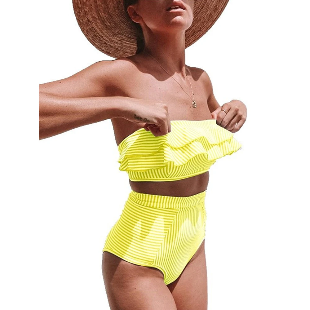 

Tube Top Ruffled Stripe Yellow Bikini Women's Luxury Swimsuit Set 2 Pieces High Waist Split Beach Designer Bathing Suit