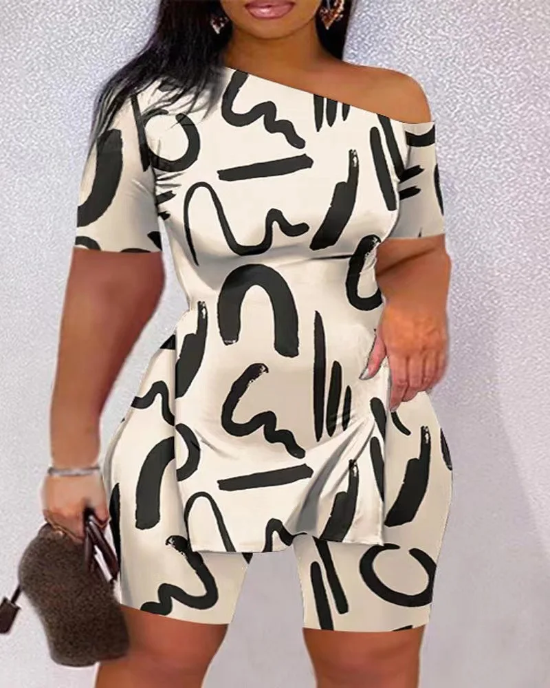 

2023 Summer Fashion Printed Two Piece Set Women Causal Diagonal Neck Short Sleeve Split T-Shirt shorts Slim 2 Piece Suit Women