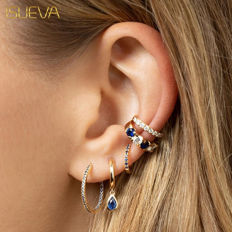 

ISUEVA Gold Plated Dangle Earrings for Women Exquisite Blue Zircon Ear Cuffs Water Drop Hoop Earrings 2023 Jewelry Wholesale