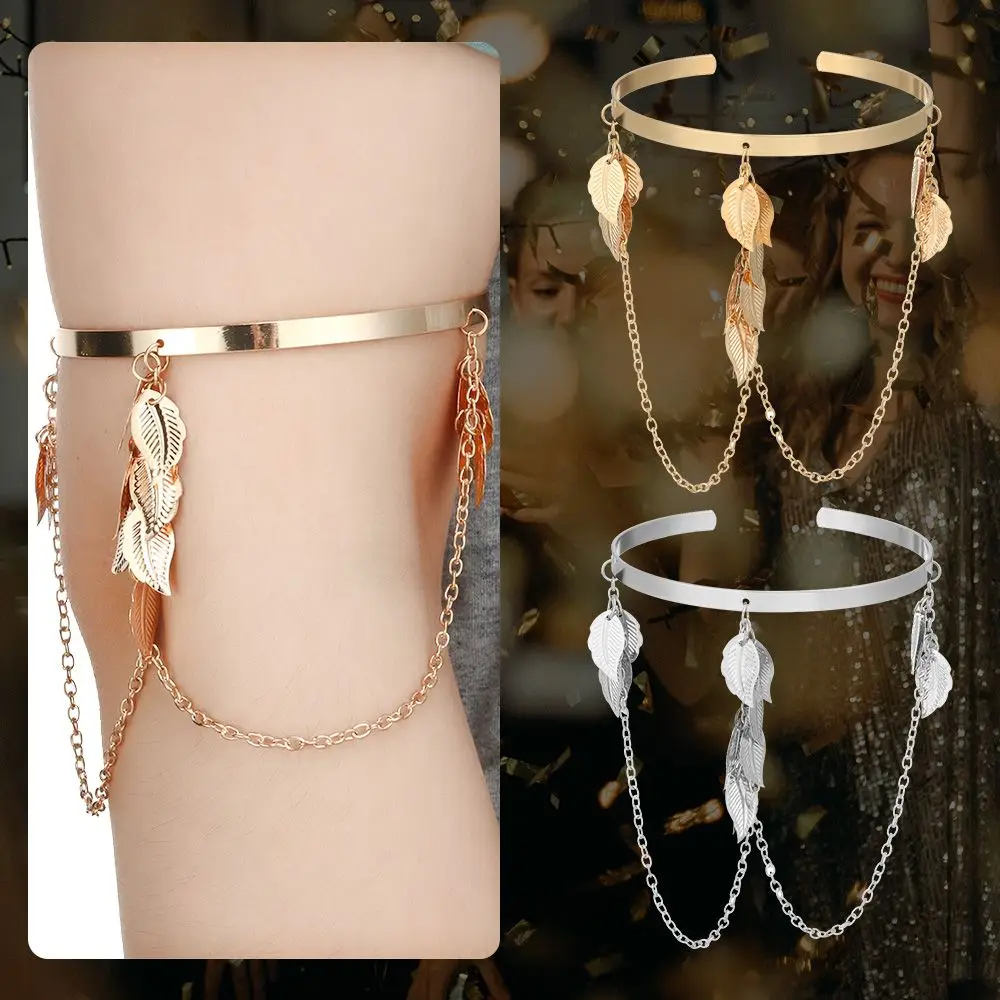 

Fashion Round-Shape Bangle Jewelry Metal Leaves Arm Decor Leaf Tassel Pendants Arm Chain Upper Arm Bracelet