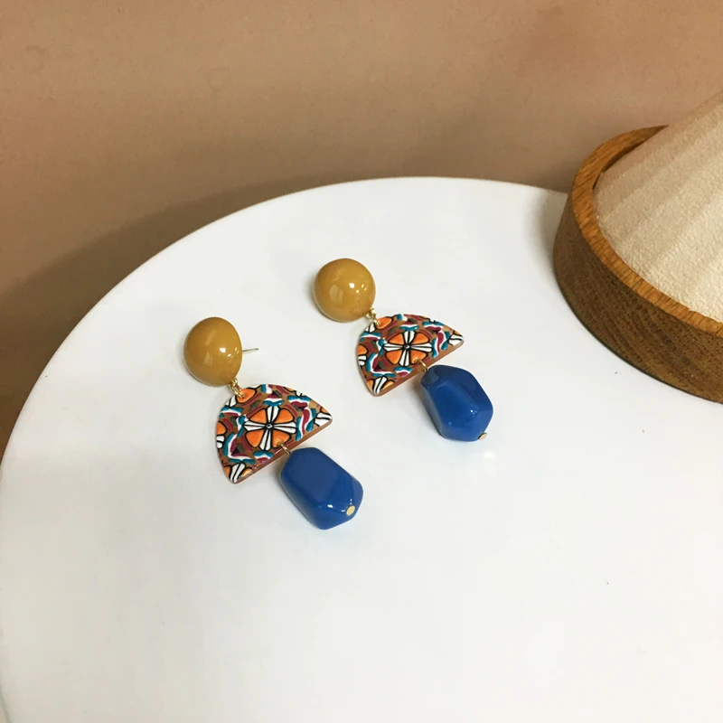 

S925 needle Trendy Jewelry Blue Bead Drop Earrings Vintage Tempereament Geometric Pattern Dangle Earrings Women Gift Hot Sale