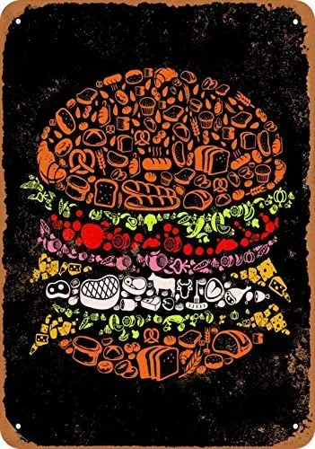 

Burger (Black Background) - Rusty Look Vintage Signs Tin Signs Garage Home Wall Decoration