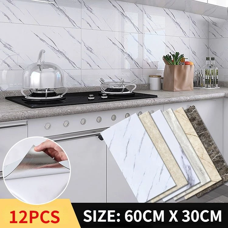 Самоклеящиеся водонепроницаемые наклейки на стену из искусственной мраморной плитки, 12 шт., 60 см x 30 см, наклейки из ПВХ для обновления кухни и ванной комнаты, домашний декор