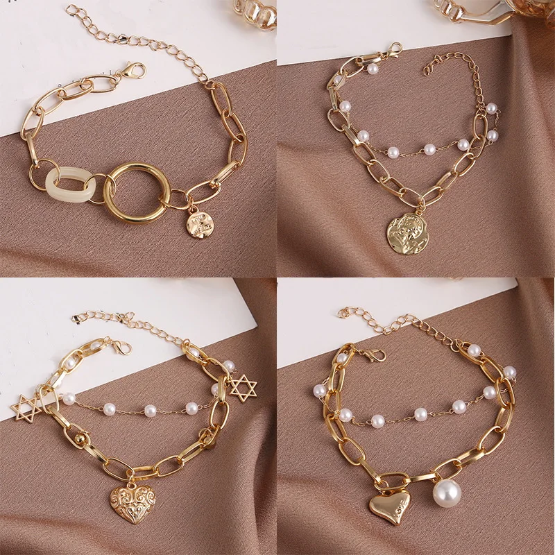 

Trendy Retro Round Sign Engraved Letter Bracelet Gift Double Layer Pearl Embossed Heart Charm Bracelet for Women Party Jewelry