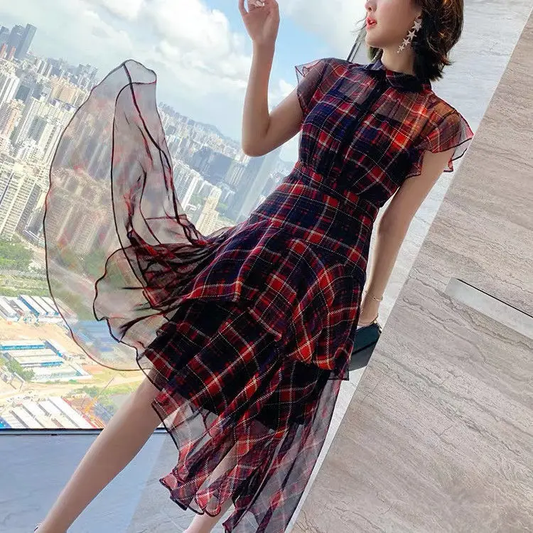 

Women 2022 Spring Summer Fashion Short Sleeve Shirt Dress Female Plaid Loose Dresses Ladies Long Casual A-line Vestidos U144