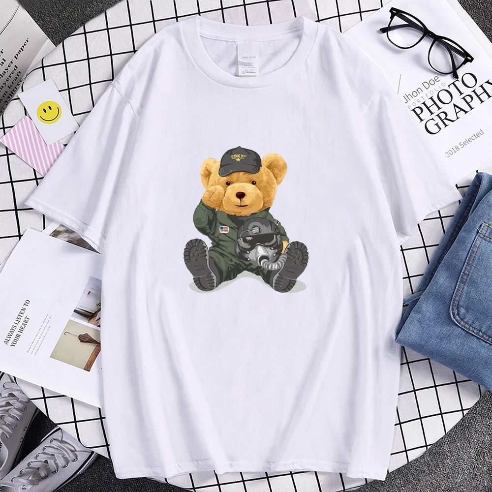 

Men and Women Air Force Bear Printed T-shirts Summer Short Sleeve Casual Tees Unisex Harajuku Designer Tops Oversize Streetwear