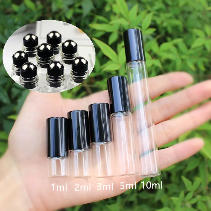 5pcs/lot 2ML 3ML 5ML 10ML Transparent Glass Roll On Bottle Roller Essential Oil Bottles Thin Glass Sample Vials with Steel Ball